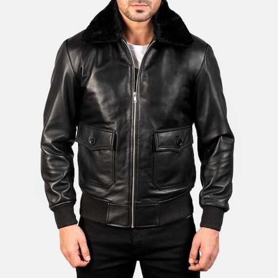 Men's Airin G-1 Black Bomber Jacket Real Leather Sheepskin Zipper Jacket With Fur Collar, Shearling-lined Leather Jacket
