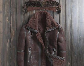 Men’s RAF Aviator B3 Shearling Bomber Jacket – Genuine Real Leather Pilot Flying Fur Coat
