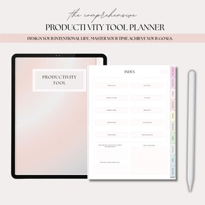 Peut inclure: Un planificateur d'outils de productivité numérique avec le texte "PRODUCTIVITY TOOL PLANNER". L'image comprend une tablette, un planificateur avec un index et un stylet. L'index du planificateur comporte des sections pour diverses catégories de planification.