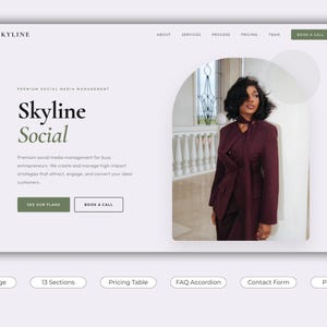 Könnte beinhalten: Webdesign mit dem Text "Skyline Social" und einem Foto einer Person in einem weinroten Anzug. Die Website enthält Schaltflächen mit der Aufschrift "See Our Plans" und "Book a Call". Weitere Funktionen sind "Single Page", "13 Sections" und "Pricing Table".