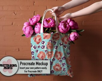 Procreate Canvas Tote Bag Mock Up Seamless Pattern Template Design Digital Download Realistic Product Mock-Up Grocery Fabric Teacher Bag