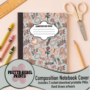 Puede incluir: Cuaderno de composición con una cubierta gris con un patrón de zapatillas de ballet, mariposas, lazos y rosas. El cuaderno tiene un lomo negro y las palabras "COMPOSITION BOOK" en la portada. Incluye 2 PNG imprimibles de descarga instantánea.