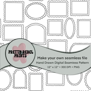 Puede incluir: Patrón digital sin costuras en blanco y negro con varias formas de marcos. El diseño incluye marcos cuadrados, ovalados y rectangulares con bordes decorativos. La imagen también presenta el texto "PRETTY REBEL PRINTS" y "Make your own seamless file".