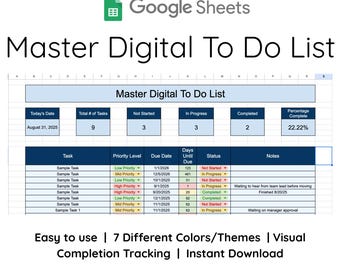 Modello di elenco di cose da fare digitale Master Fogli Google Strumento di monitoraggio delle attività Completamento prioritario Strumento di produttività Elenco di controllo giornaliero Planner Organizzatore