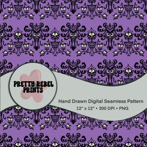 May include: A digital seamless pattern with a purple background and black gothic-style illustrations. The pattern includes repeating images of haunted house facades and spooky owl-like creatures. The image is 12" x 12" and is labeled "Pretty Rebel Prints."