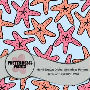 May include: A digital seamless pattern featuring pink and orange starfish with black outlines on a light blue background. Each starfish has the text "F*CK T.R.U.M.P." written on it. The image also includes the text "PRETTY REBEL PRINTS".