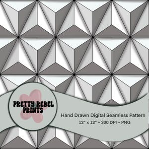 May include: A digital seamless pattern featuring a repeating geometric design of 3D triangles in shades of gray and white. The pattern is hand-drawn and measures 12" x 12". The image includes the text "PRETTY REBEL PRINTS" and "Hand Drawn Digital Seamless Pattern".