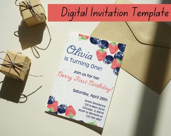 Editable Berry First Birthday Digital Birthday Invitation customizable canva template strawberry blueberry party invite decor 1st birthday