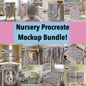 May include: A nursery mockup bundle featuring various baby items with a colorful geometric pattern. Items include a blanket, hat, onesie, bib, curtains, crib bedding, and wall art. The text "Nursery Procreate Mockup Bundle!" is displayed.