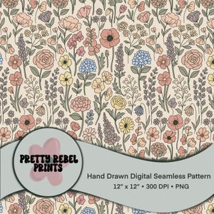 Könnte beinhalten: Ein digitales nahtloses Muster mit handgezeichneten Blumen in Rosa, Pfirsich, Gelb, Blau und Lila auf cremefarbenem Hintergrund. Das Muster misst 30,48 cm x 30,48 cm und trägt die Aufschrift "Pretty Rebel Prints."