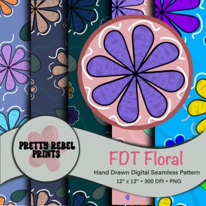 Peut inclure: Un ensemble de quatre motifs numériques sans couture présentant des motifs floraux colorés. Les motifs sont dessinés à la main et ont une ambiance rétro et psychédélique. Chaque motif mesure 30,5 cm sur 30,5 cm et 300 DPI. Les motifs sont parfaits pour une utilisation dans le scrapbooking numérique, l'artisanat et d'autres projets créatifs.