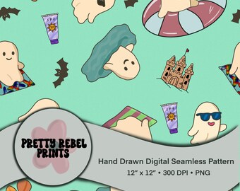 Spooky Summer Vibes Seamless Pattern 300 DPI Instant Download Digital Papers Halloween Ghost Beach Sun Castle PNG Vinyl Sublimation Fabric
