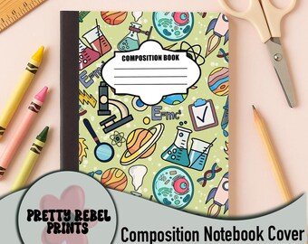 Printable Composition Notebook Cover PNG Back To School Personal Custom Junk Journal Kids Workbook Science Planets Chemistry Biology Physics