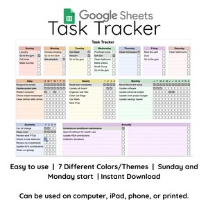 May include: A Google Sheets Task Tracker template with a grid layout, featuring daily, weekly, monthly, quarterly, and annual task sections. The template includes checkboxes for tracking tasks and is available in 7 different color themes. Text on the image says it is easy to use and can be used on a computer, iPad, phone, or printed.