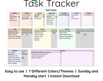 May include: A Google Sheets Task Tracker template with a grid layout, featuring daily, weekly, monthly, quarterly, and annual task sections. The template includes checkboxes for tracking tasks and is available in 7 different color themes. Text on the image says it is easy to use and can be used on a computer, iPad, phone, or printed.