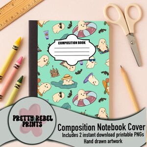 May include: Composition notebook cover with a teal background and a pattern of cartoon ghosts, bats, and beach-themed elements. The notebook has a black spine and a white label that says "COMPOSITION BOOK".