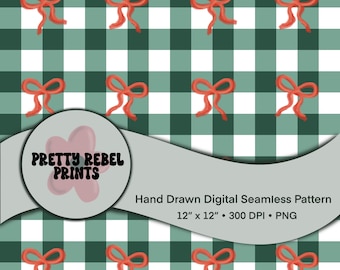 Coquette Christmas Bows and Gingham Plaid Seamless Pattern Bundle 300 DPI Download Digital Paper Vinyl Sublimation Fabric Incandescent
