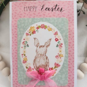 Handmade Easter Greeting card with calligraphy  cute bunny, pink bow, pompom, gift for mom, dad, grandma, grandpa, sister, brother, all ages
