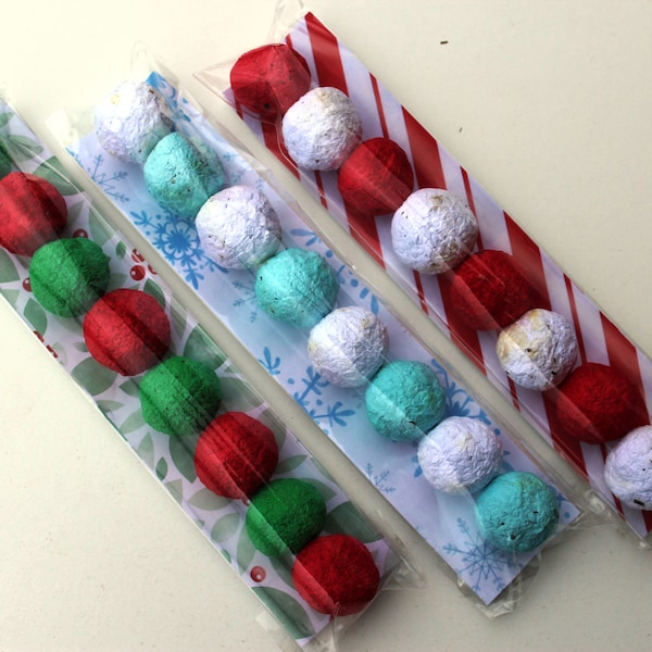 Stocking Stuffer Wildflower Seed Bomb Favor in clear cello sleeve-3 holiday inspired color combinations to choose from