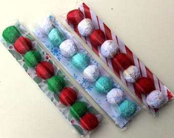 Stocking Stuffer Wildflower Seed Bomb Favor in clear cello sleeve-3 holiday inspired color combinations to choose from