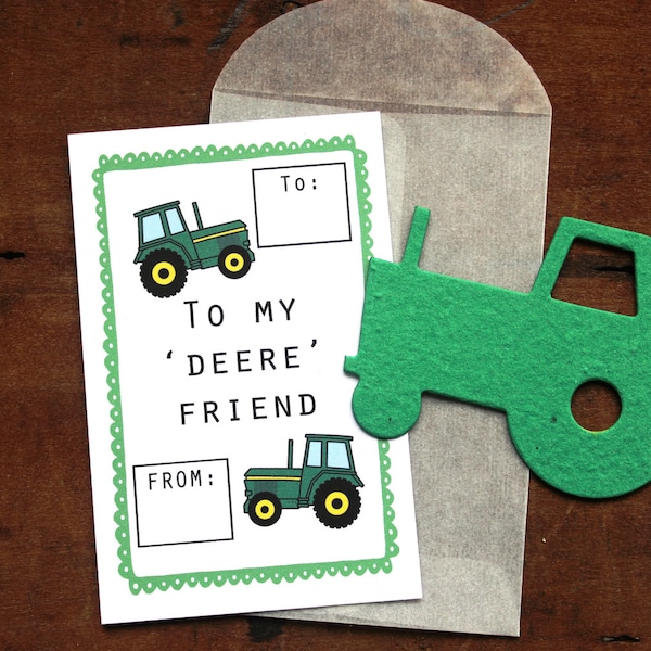 Tractor Valentines- SET OF 8 - includes color printed card, seed paper, and glassine envelope- choose from 16 seed paper colors