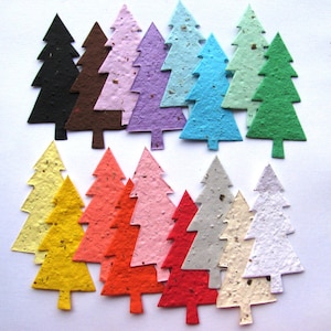 May include: Assortment of 15 paper Christmas tree ornaments in various colors, including black, brown, pink, purple, blue, green, yellow, orange, red, and white. The ornaments are made of seed paper, which can be planted to grow wildflowers.