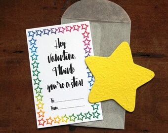 Star Valentines- SET OF 8 - includes color printed card, seed paper, and glassine envelope- choose from 16 seed paper colors