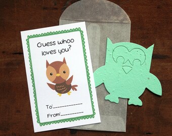 Owl Valentines- SET OF 8 - includes color printed card, seed paper, and glassine envelope- choose from 16 seed paper colors