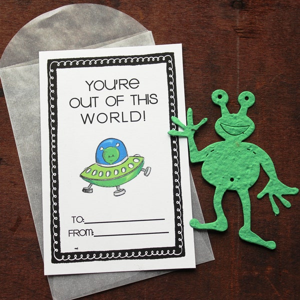 Alien Valentines- SET OF 8 - includes color printed card, seed paper, and glassine envelope- choose from 16 seed paper colors