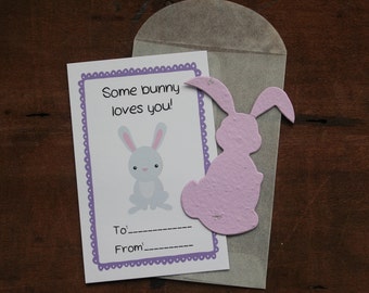 Bunny Valentines- SET OF 8 - includes color printed card, seed paper, and glassine envelope- choose from 16 seed paper colors