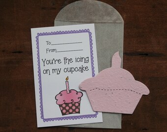 Cupcake Valentines- SET OF 8 - includes color printed card, seed paper, and glassine envelope- choose from 16 seed paper colors