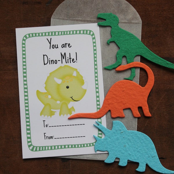 Dinosaur (3 shapes to choose from) Valentines- SET OF 8 - includes color printed card, seed paper, glassine envelope-16 seed paper colors