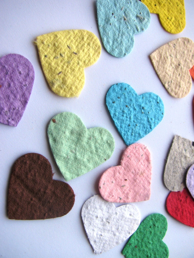 100 Plantable confetti hearts choose from 16 colors homemade paper mixed with wildflower seeds ecofriendly earth day image 2