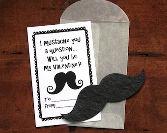 Mustache Valentines- SET OF 8 - includes color printed card, seed paper, and glassine envelope- choose from 16 seed paper colors