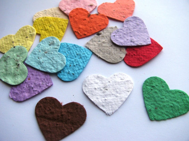 100 Plantable confetti hearts choose from 16 colors homemade paper mixed with wildflower seeds ecofriendly earth day image 1