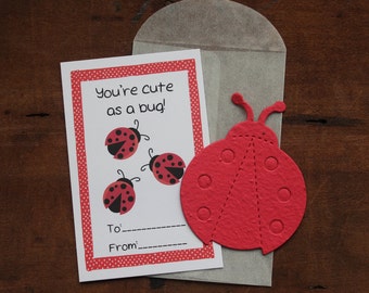 Ladybug Valentines- SET OF 8 - includes color printed card, seed paper, and glassine envelope- choose from 16 seed paper colors