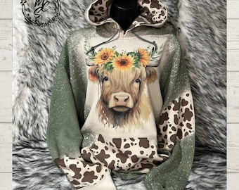 Bleached Highland Cow Hoodie: Sunflower Crown, Cow Print Pullover