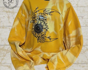 Bleached Sunflower Moon Sweatshirt | Boho Graphic Pullover | Distressed Unisex Crewneck