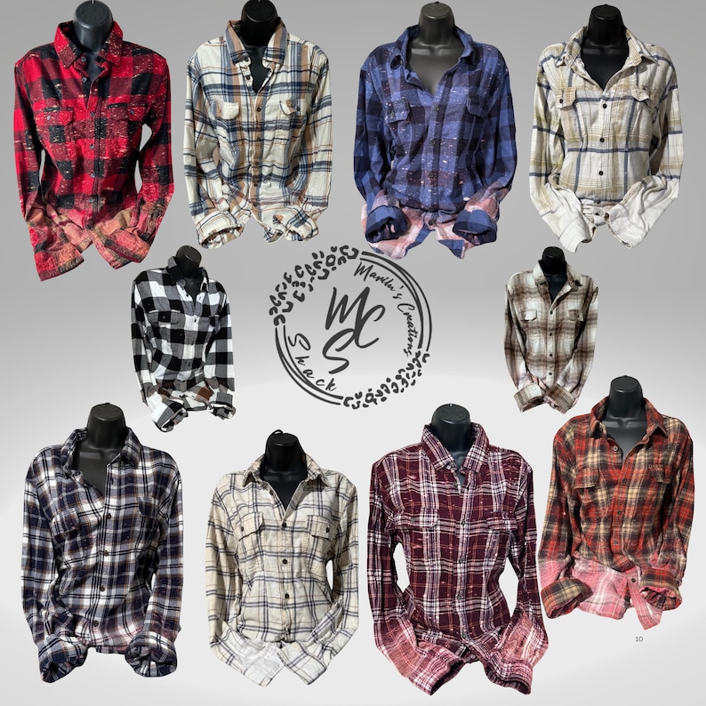 May include: Collection of plaid button-down shirts in various colors, including red, blue, black, and tan. Some shirts have a bleached or distressed look. The shirts are displayed on black mannequins. The image includes the text "Maylin's Creations Shack".