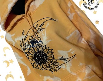 Bleached Sunflower Moon Hoodie: Distressed Graphic Pullover