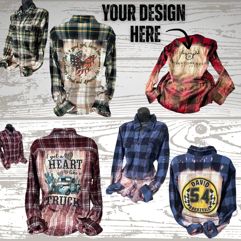 May include: Collection of plaid button-down shirts with various designs. One shirt features a butterfly and text, another has a truck graphic, and a third displays a racing-themed design. The shirts are in shades of red, blue, and green.