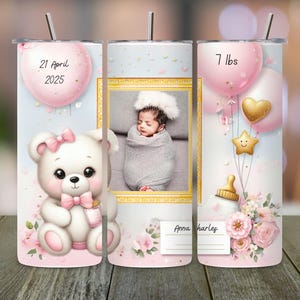 Baby Photo Tumbler Wrap PNG, Newborn Teddy Bear Tumbler, Pink Baby Sublimation, 20oz Skinny Tumbler Design, Photo Tumblers Wrap Designs