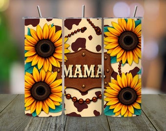 Envoltura para vaso Western Mama: Diseño de girasol con estampado de vaca (descarga digital PNG)