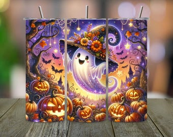 May include: A Halloween-themed tumbler with a smiling ghost wearing a witch's hat decorated with flowers. The design includes pumpkins, bats, and a starry night sky in purple, orange, and yellow. The tumbler has a silver straw.