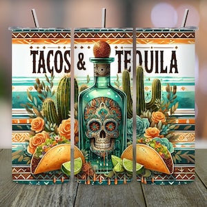 Vaso PNG de 20 oz con diseño de tacos y tequila, envoltura para vaso del Cinco de Mayo, sublimación de vaso con calavera de azúcar, descarga digital de fiesta mexicana