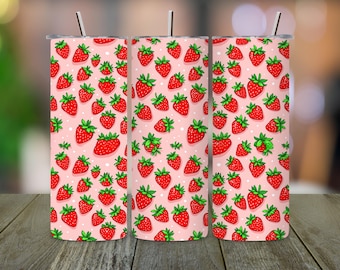 Strawberry Tumbler Wrap PNG: Pink Doodle Sublimation (Digital Download)