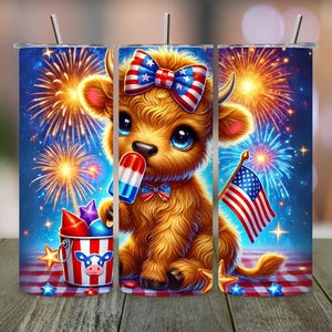 4th Of July Highland Cow Tumbler Wrap, Popsicle Skinny Tumbler Design, Patriotic Highland Cow Sublimation, 20 oz Tumbler PNG, Summer Wrap