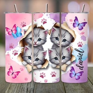 Cat tumbler wrap, butterfly tumbler png, watercolor skinny design, name editable sublimation, 20 oz seamless digital download
