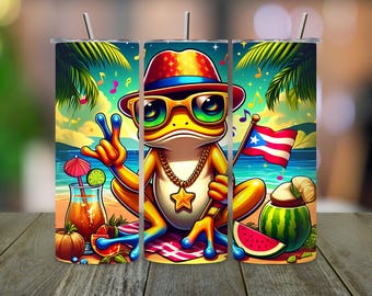 May include: Three stainless steel tumblers with a colourful design featuring a cartoon frog wearing sunglasses and a hat, holding a Puerto Rican flag. The frog is sitting on a beach scene with palm trees, a watermelon, and a coconut.