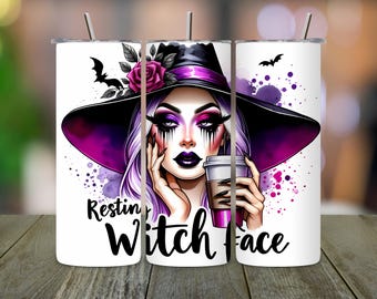 Witchy Halloween Tumbler Wrap PNG: Resting Witch Face Sublimation Design